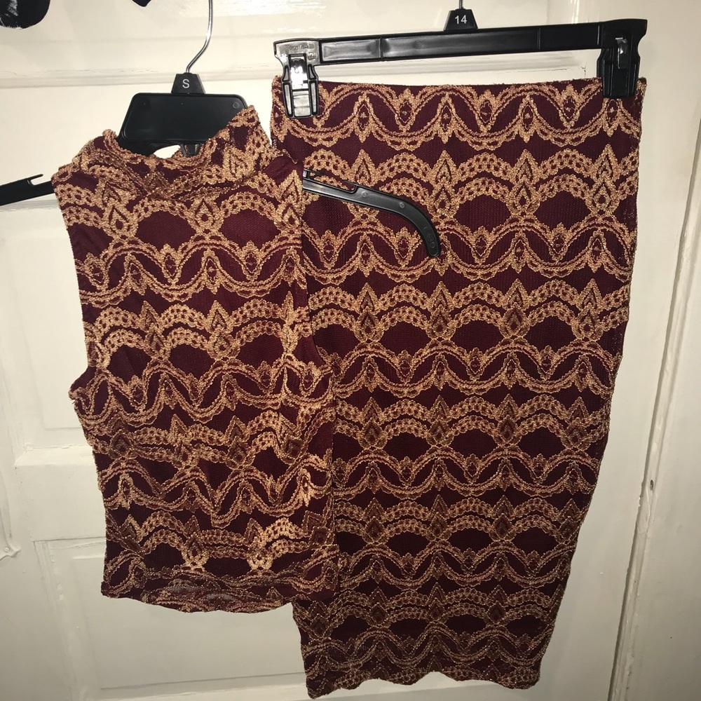 Red & Gold Crop Top & Skirt Two Piece Dress Set